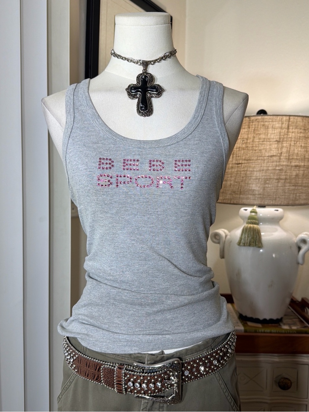 Y2K Bebe Gray Ribbed Tank Top with Pink Rhinestone Logo